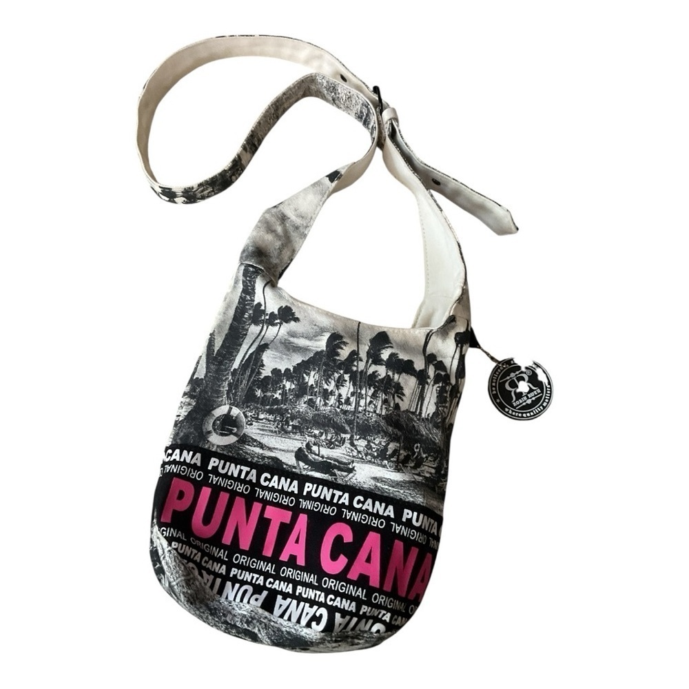 Punta Cana Souvenir Crossbody Bag โ Black & White with Pink Lettering